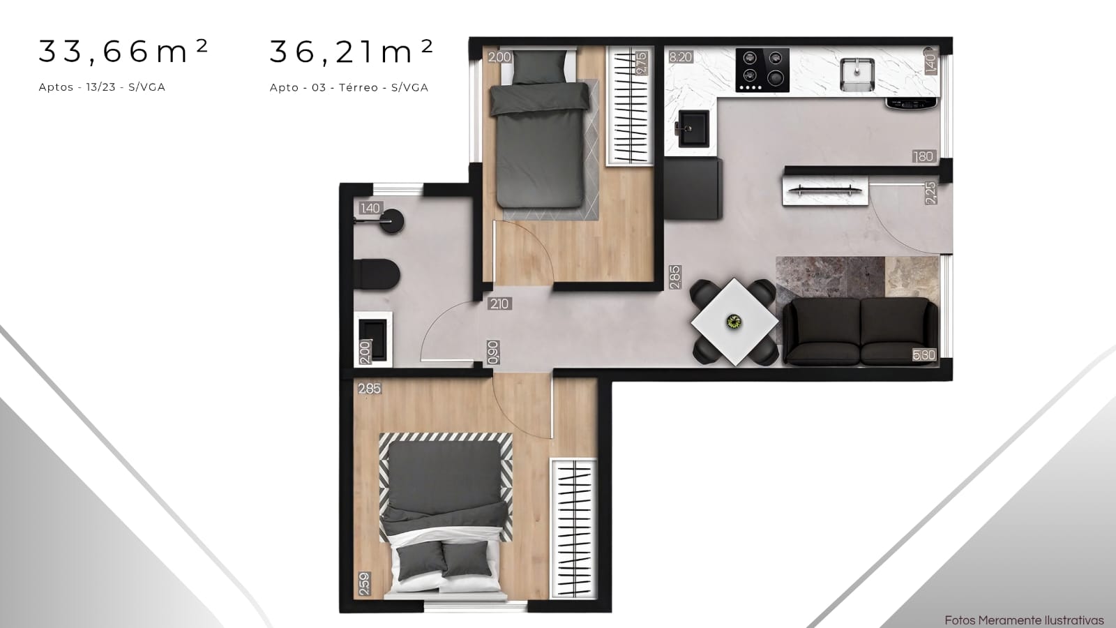 Planta 33,66 m² e 36,21 m² — Aptos 13/23 e Apto 03, 2 dormitórios