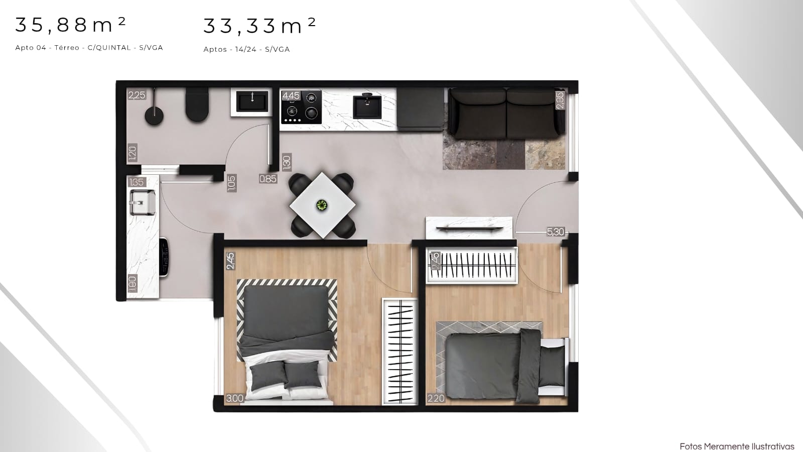 Planta 35,88 m² e 33,33 m² — Apto 04 e Aptos 14/24, 2 dormitórios