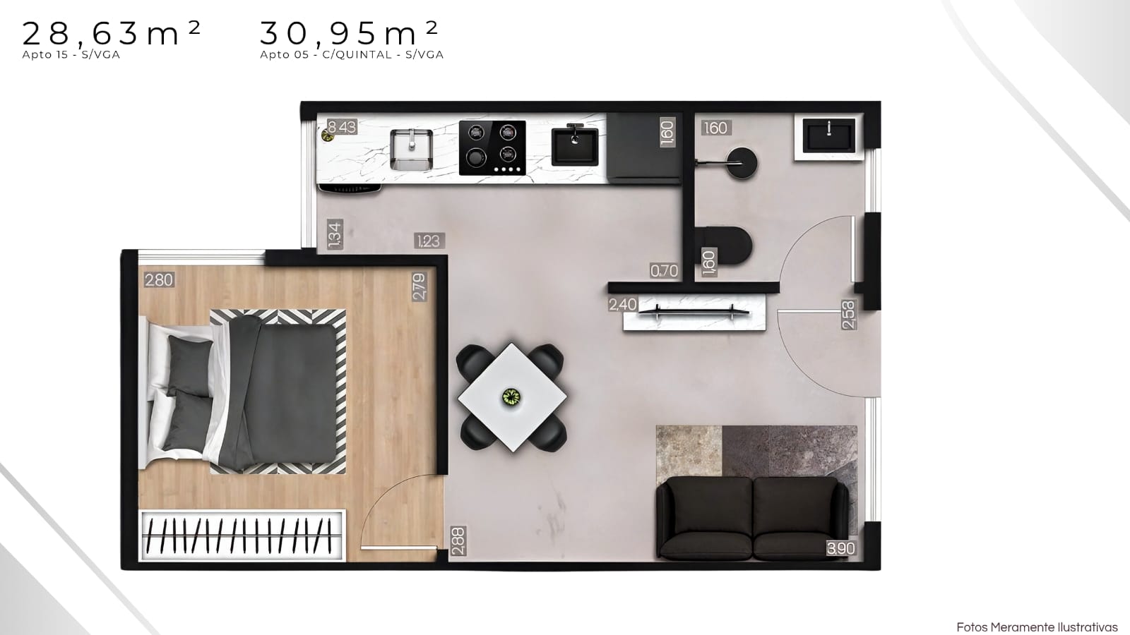 Planta 28,63 m² e 30,95 m² — Apto 15 e Apto 05, 1 dormitório