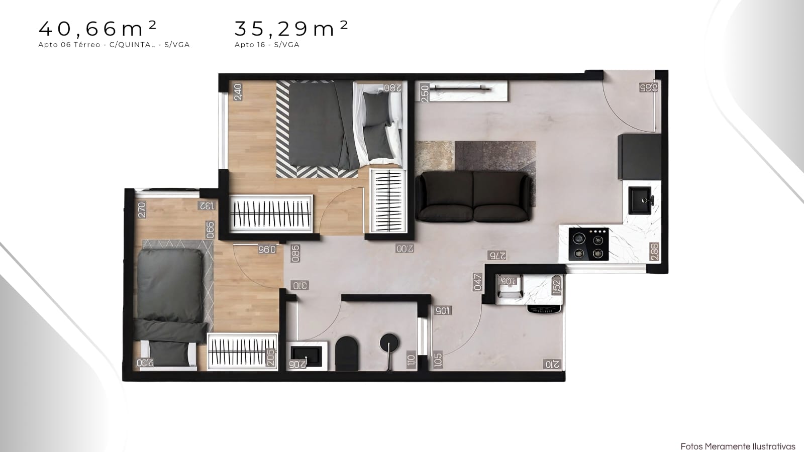 Planta 40,66 m² e 35,29 m² — Apto 06 e Apto 16, 2 dormitórios