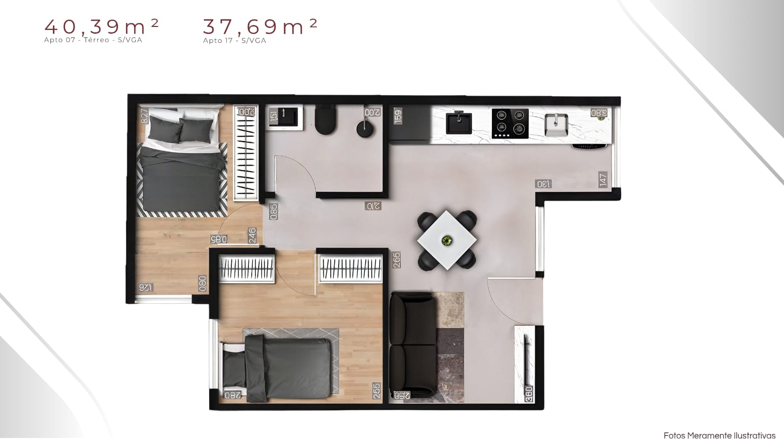 Planta 40,39 m² e 37,69 m² — Apto 07 e Apto 17, 2 dormitórios