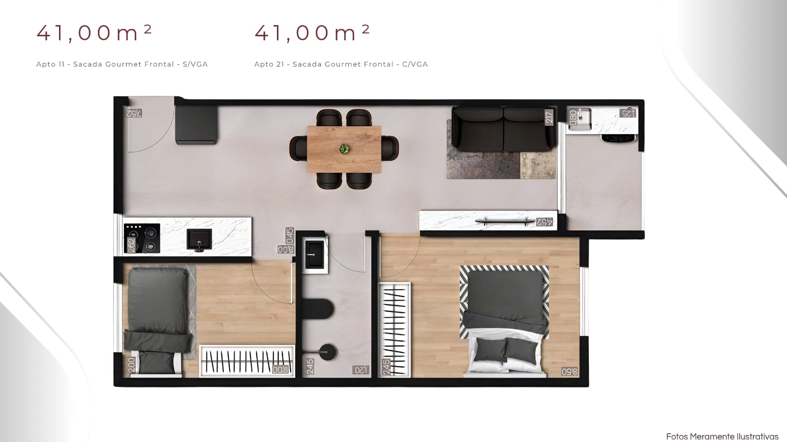 Planta 41,00 m² — Apto 11 e Apto 21, 2 dormitórios