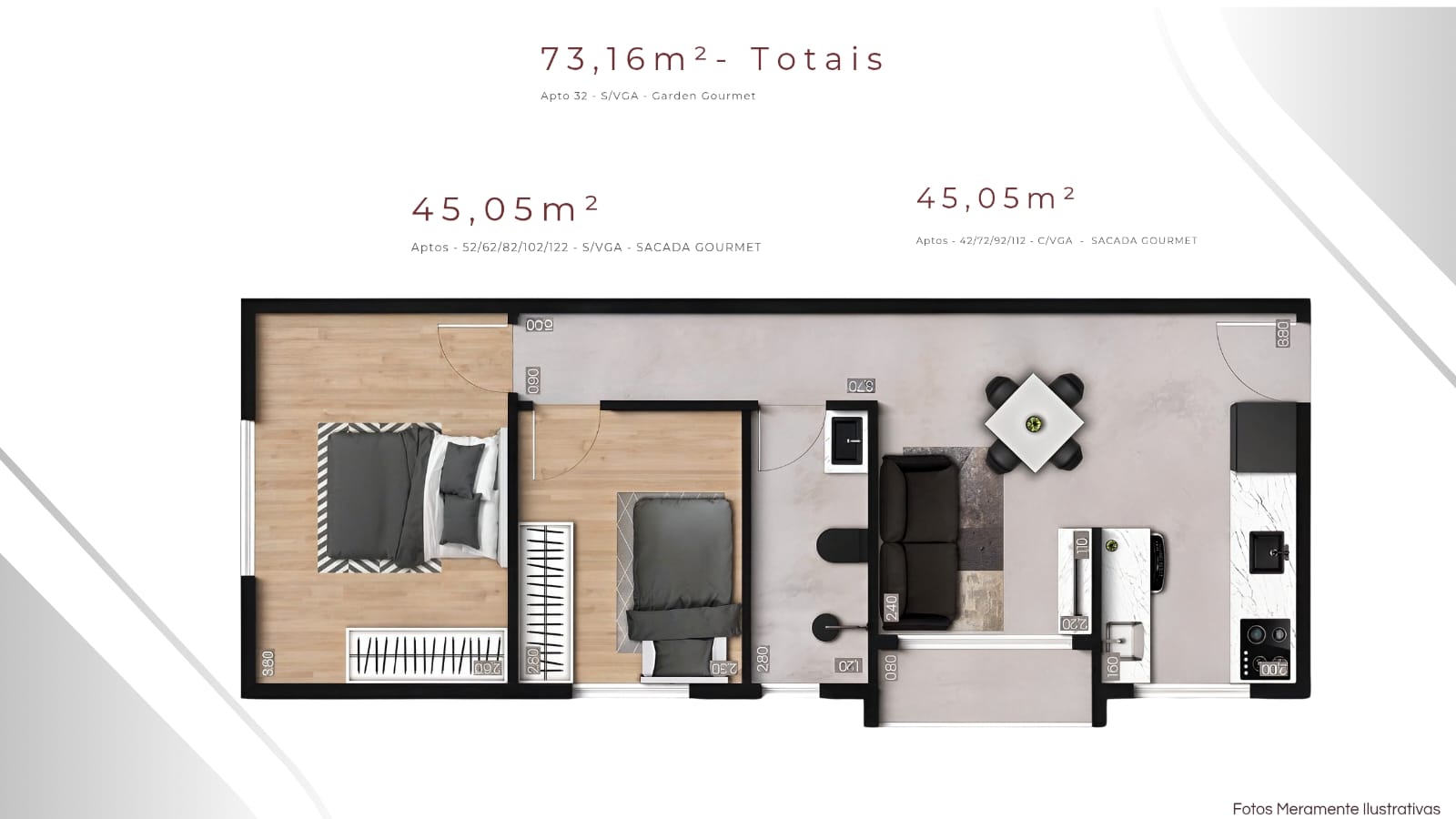 Planta 45,05 m² · 73,16 m² totais — Aptos 42 a 122 e Apto 32 Garden, 2 dormitórios