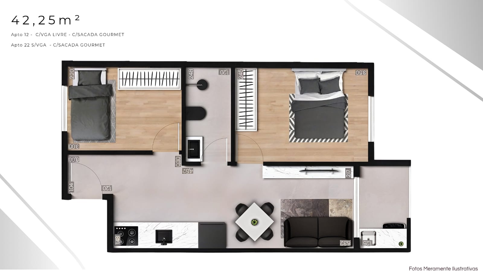 Planta 42,25 m² — Apto 12 e Apto 22, 2 dormitórios