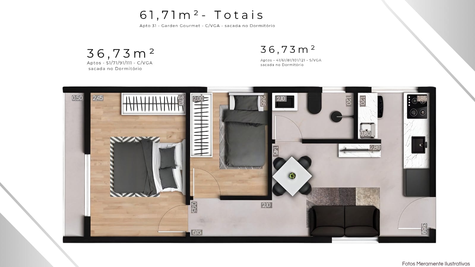 Planta 36,73 m² · 61,71 m² totais — Aptos 41 a 121 e Apto 31 Garden, 2 dormitórios